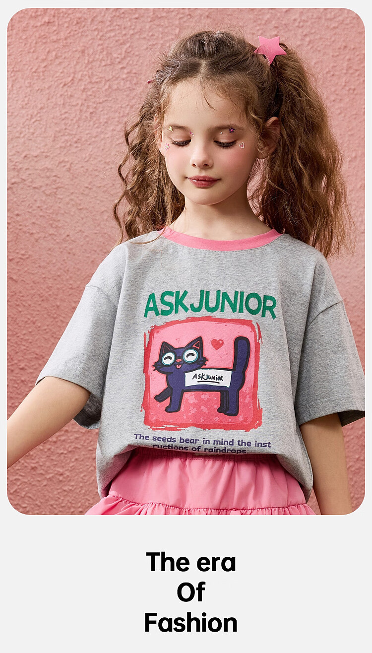 ASK JUNIOR Children's Short-Sleeve T-Shirt, Summer Wear, Pure Cotton Breathable, Girls' Casual Versatile Regular Shoulder Half Sleeve, Gray, Size 160 8
