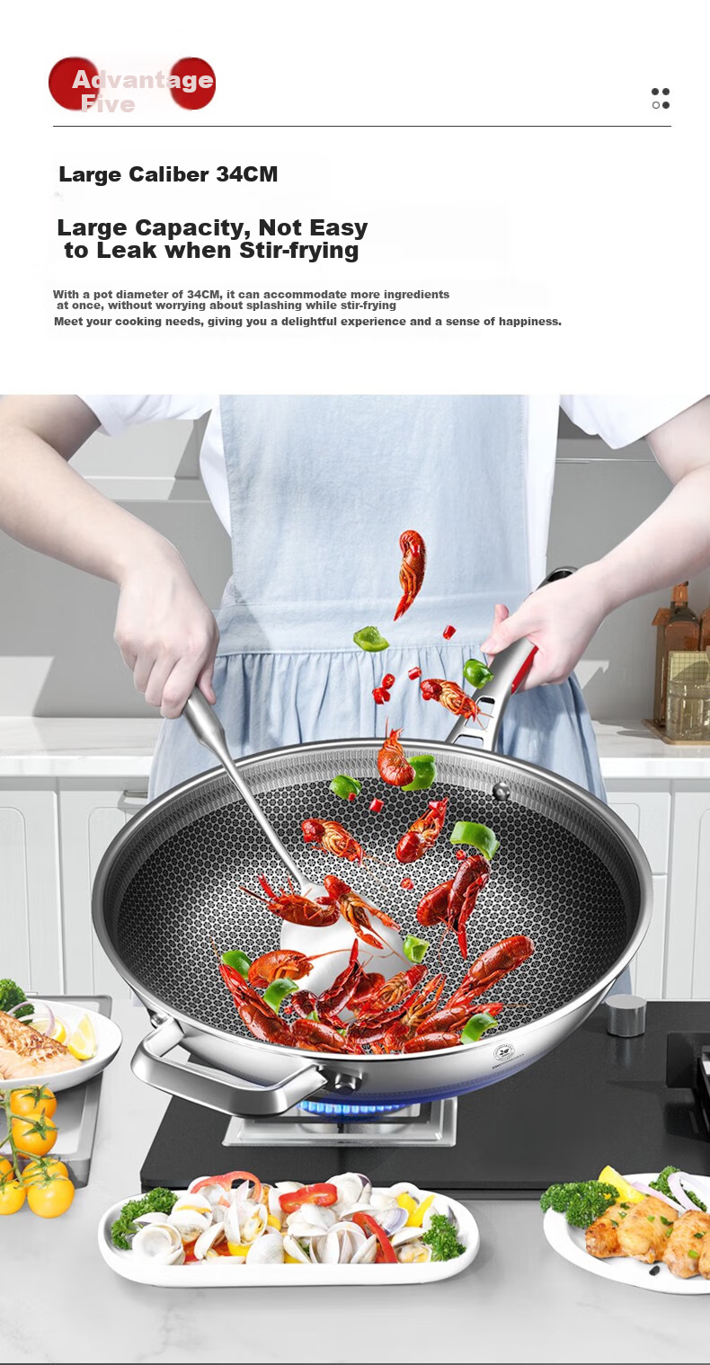 KOBACH Non-Stick Wok, 316L Stainless Steel Frying Pan, 34cm Extra Large Size, Low Smoke, Flat Bottom, Suitable for Gas And Induction Stoves 6