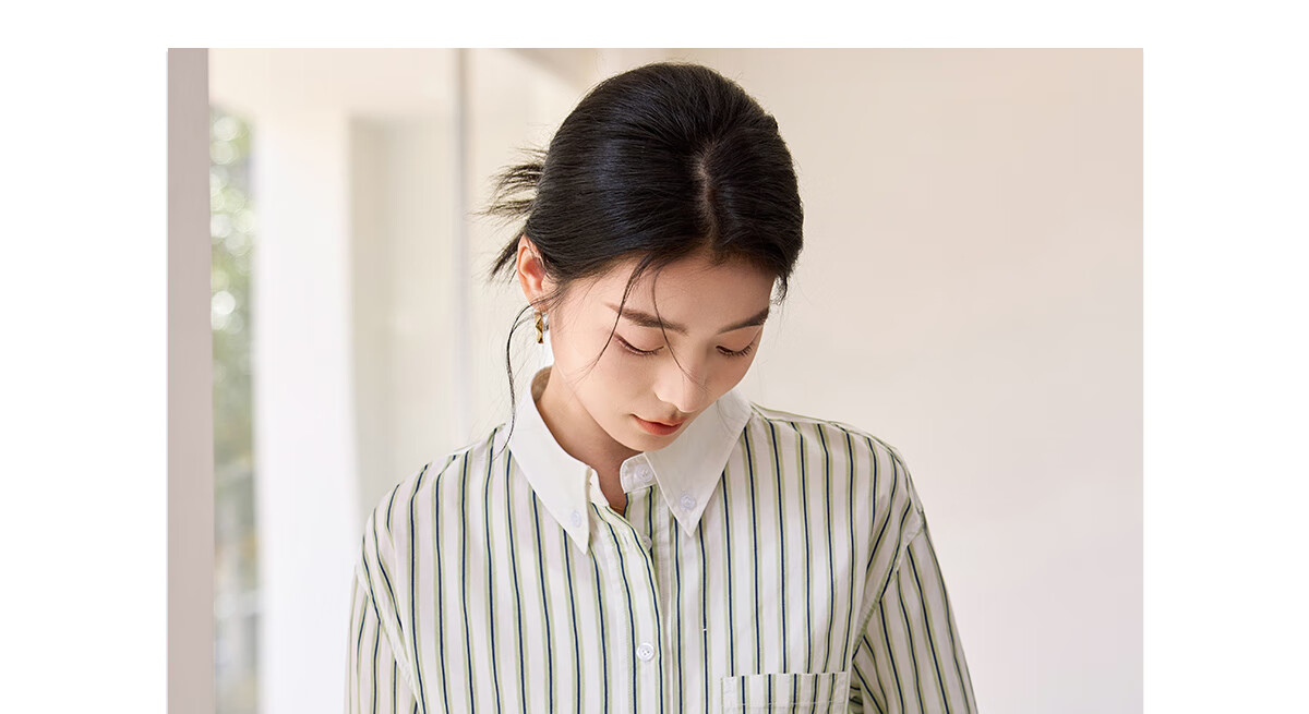 Chushen Women's Long-Sleeve Shirt, Contrasting Color Lapel, Classic Striped Short Casual Commuter Pure Cotton Blouse S51S043 12