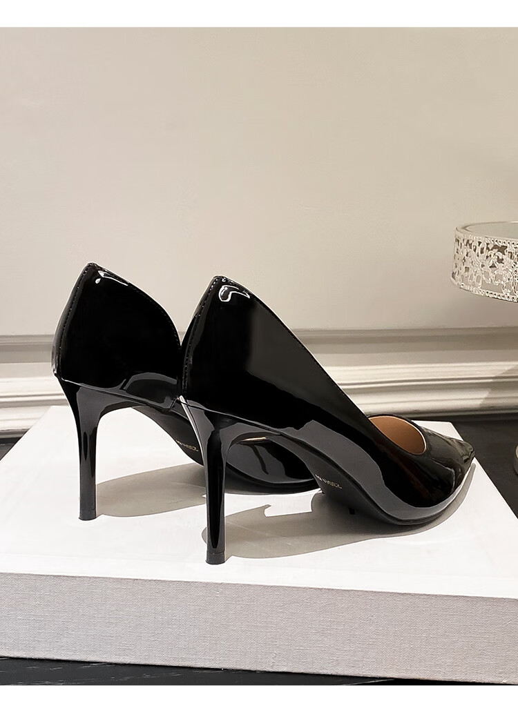 ZHR Valentine's Day Women's Nude Low-Cut Heels, Fashionable Stilettos, Elegant Slimming Patent Leather Versatile Professional Women's Shoes 17