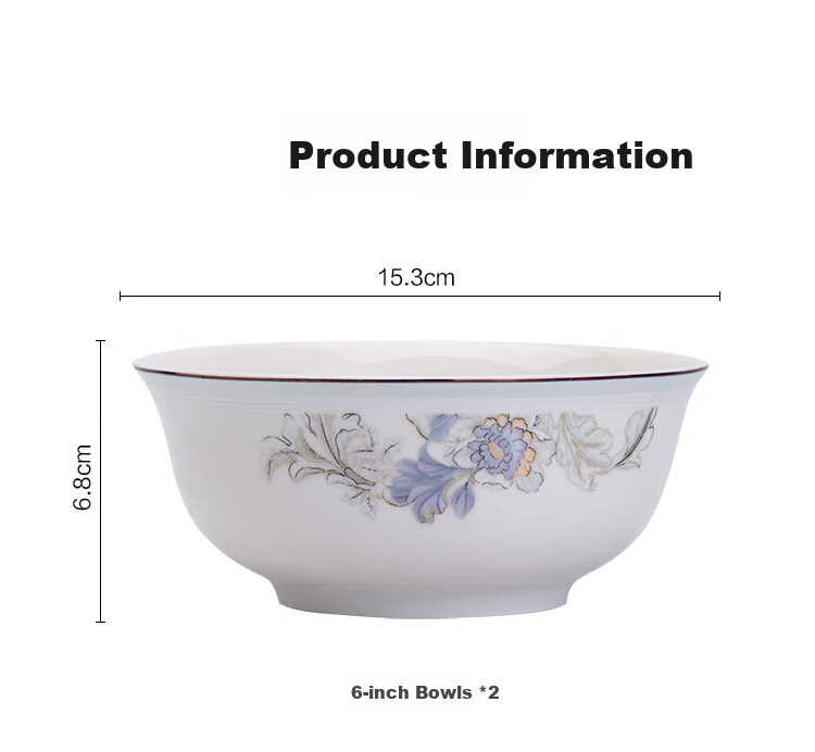 JD Original Bowl And Plate Tableware Set, Housewarming Porcelain Dish Set for Home Use, Huakai Bajia Noodle Bowl, 6 Inches * 2 9
