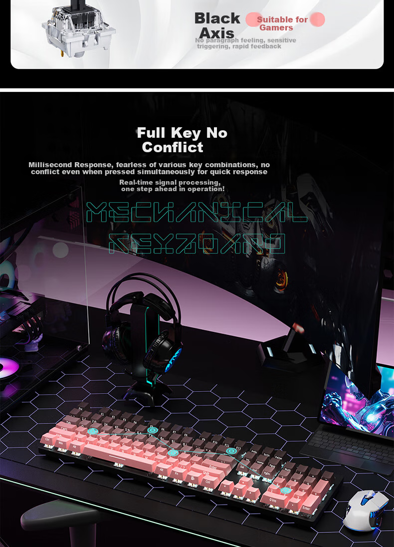 HP Mechanical Keyboard, Wired for Office, E-Sports And Gaming, Compatible with Desktop And Laptop Computers, Side-Engraved Gradient Blackberry Pink White Light Blue Switches, 104 Keys 6