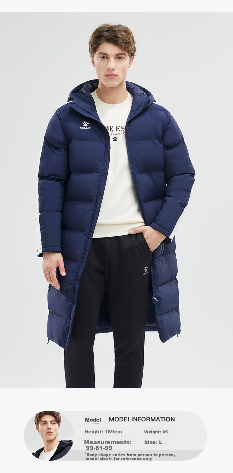 KELME Long Hooded Cotton Jacket for Men, Winter Over-Knee Warm Life Training Coat Windbreaker, Black, M 6