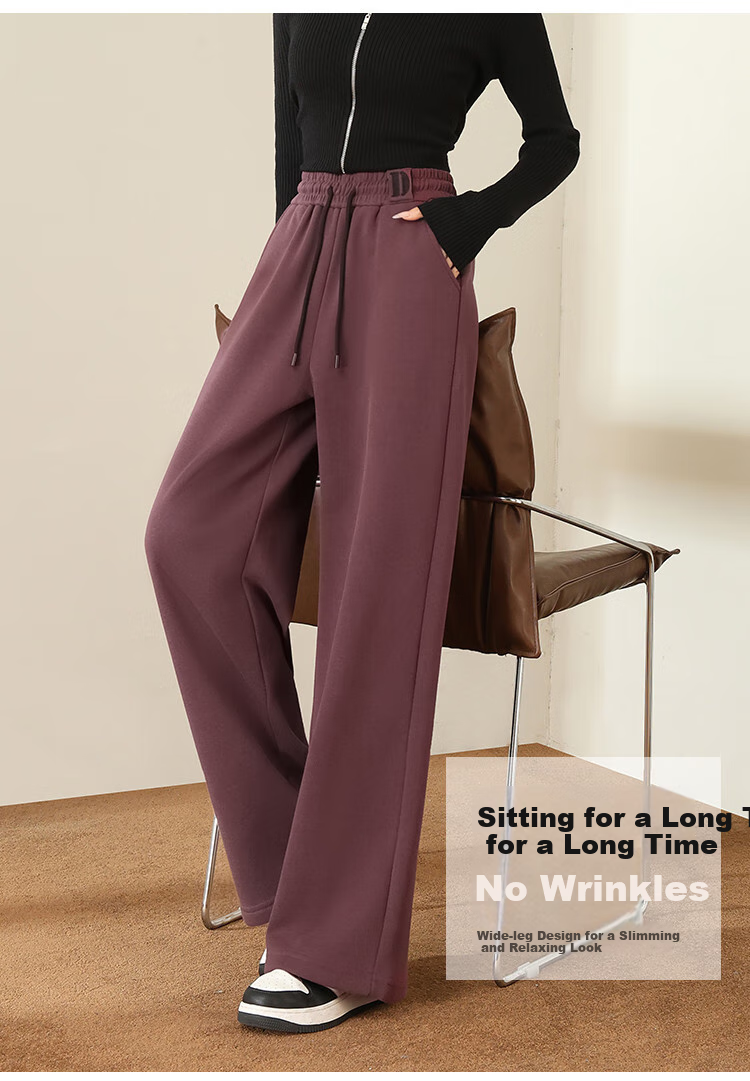 DME Fleece-Lined Thick Warm Slim-Fit Wide-Leg High-End Flattering Loose Elastic Waist Trousers, Black, XL 7