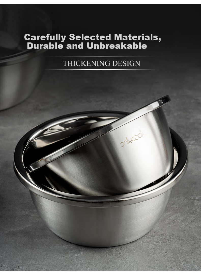 Onlycook 304 Stainless Steel Bowl And Strainer Set, Large Thick with Draining Basket, Vegetable Washing Bowl, Rice Washing Sieve And Dough Mixing Bowl, 5-Piece Set 6