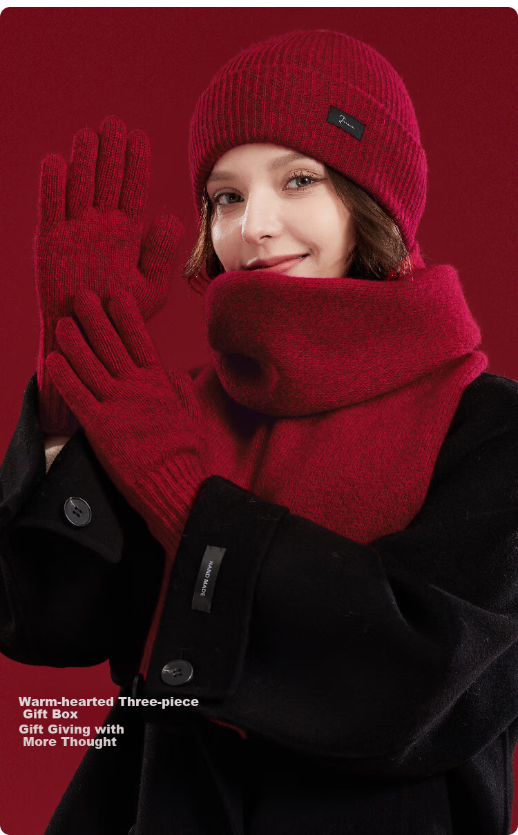 JIUMU Pure Wool Warm Scarf, Hat And Gloves Three-Piece Set for Women, Winter Birthday New Year Gift for Girls, Gift Box Packaging 5