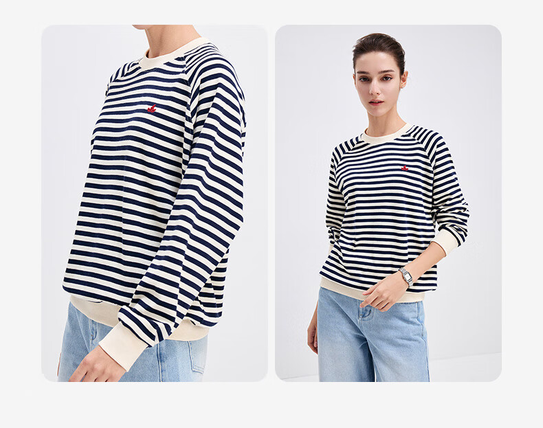 Navigare Women's All-Cotton Loose Long-Sleeve Sweatshirt, Striped Round Neck T-Shirt, 2315005501 12