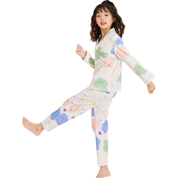 Hodo Children's Pajamas, Pure Cotton, Boys And Girls Spring And Autumn Home Wear Set, Long Sleeve Long Pants Cardigan Style J3152, White, Size 140