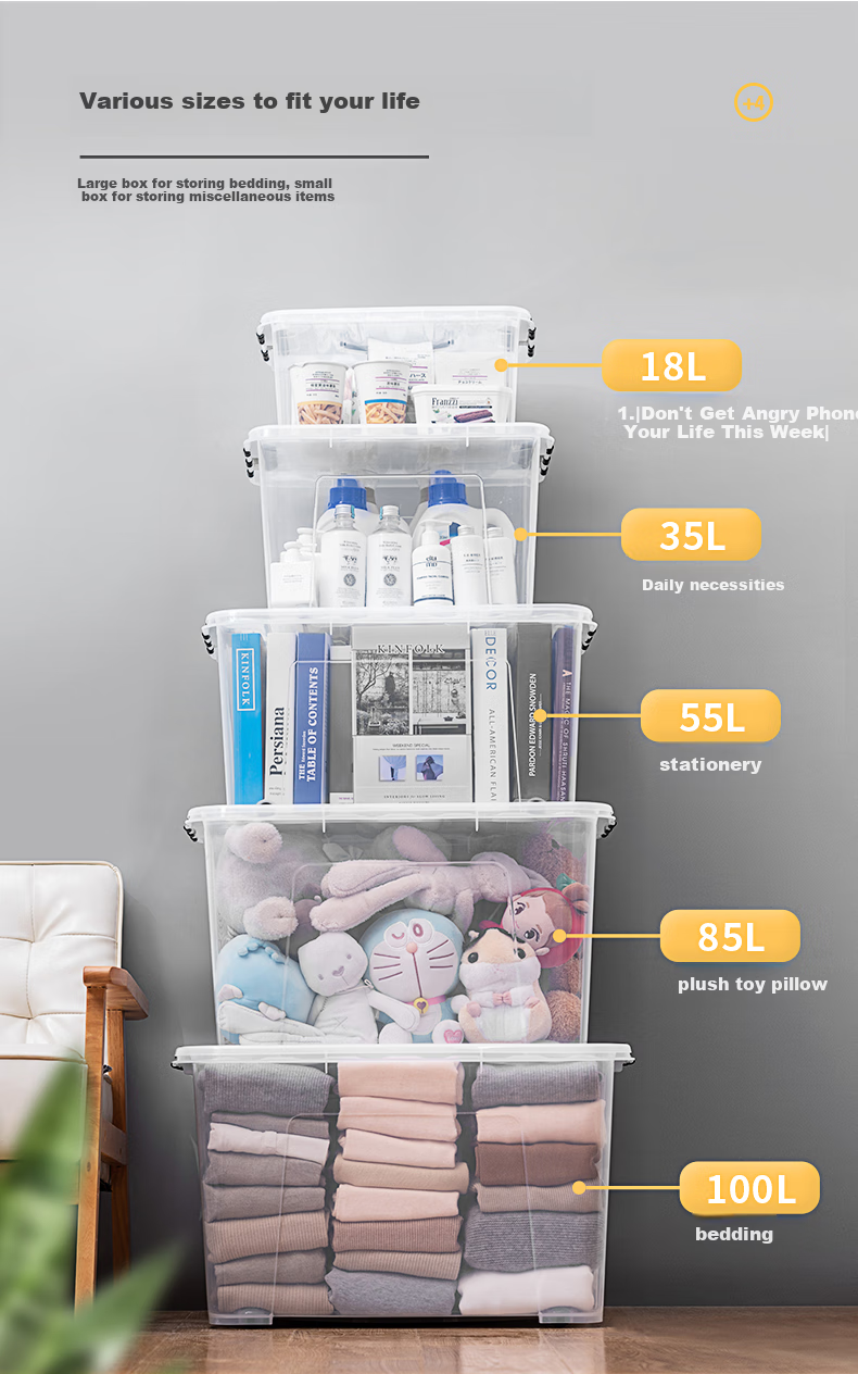 JEKO&JEKO Transparent Clothing Storage Box, Large Toy Organizer Box, Moving Box, Packing Box, Quilt Storage Box, 55L, Set of 3 4