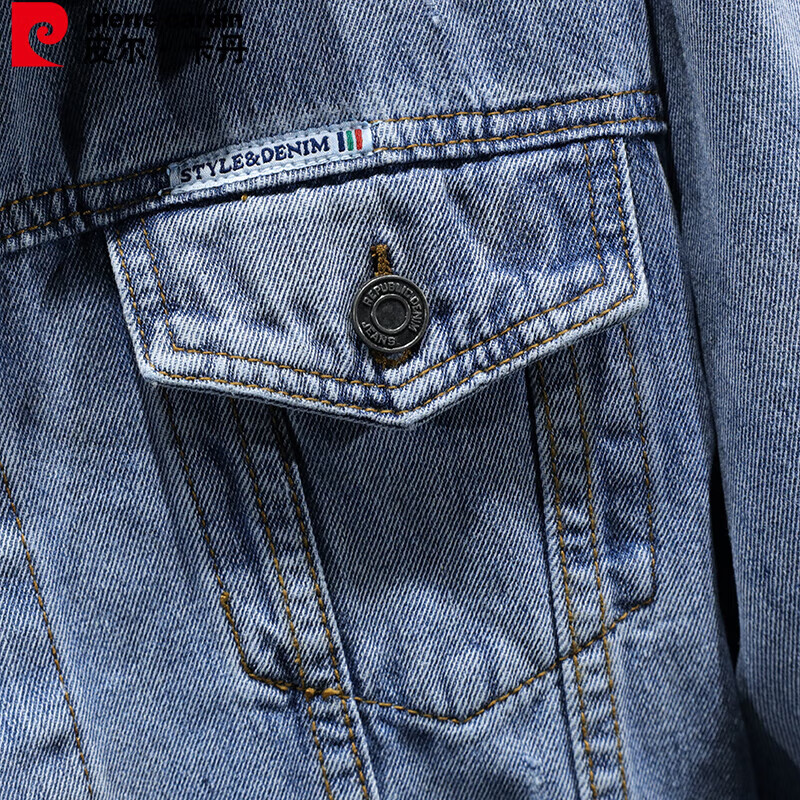 Pierre Cardin Jacket for Men, Autumn Fashion Simple Comfortable Distressed Long-Sleeve Denim Coat, Blue, 2XL