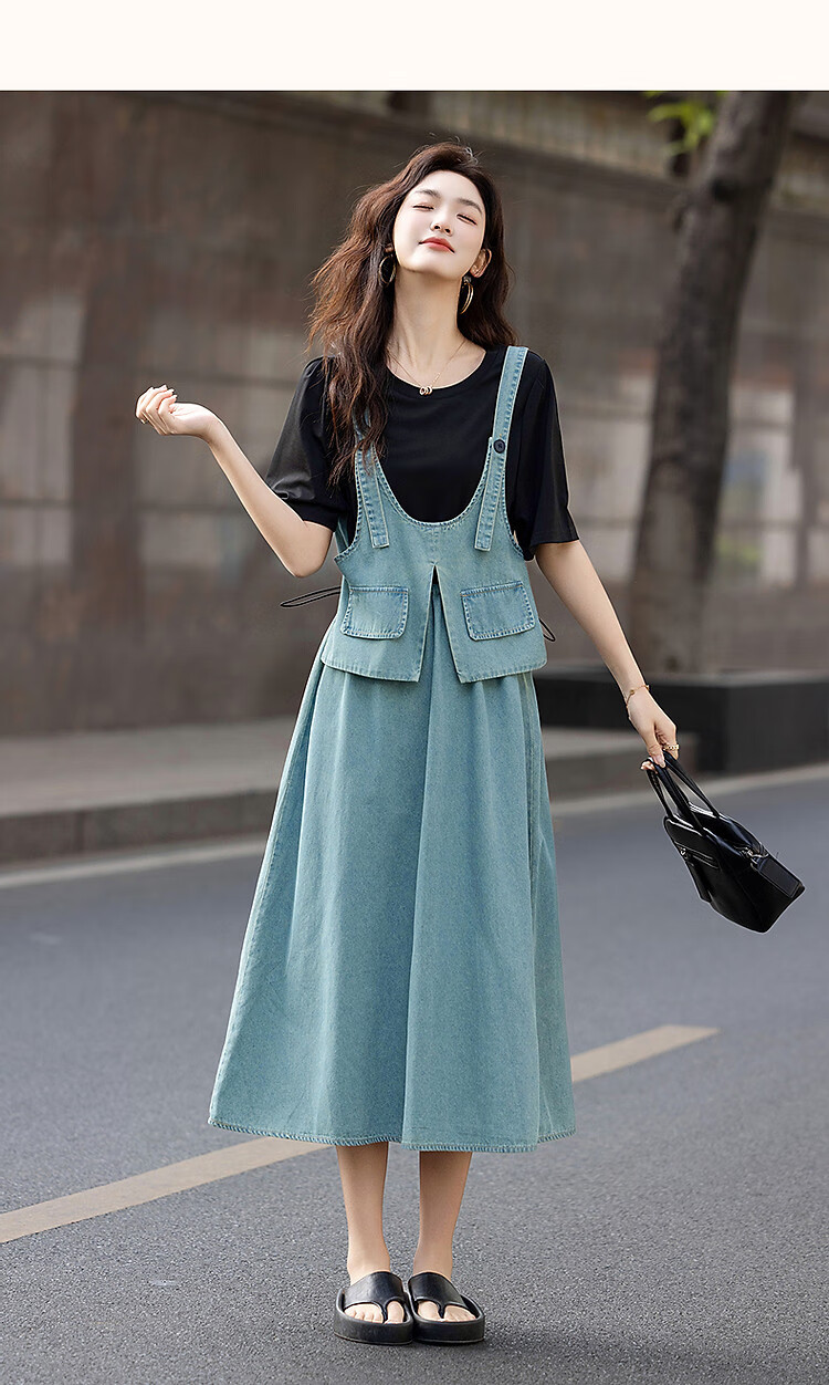 Demana Faux Two-Piece Layered Effect Summer Round Neck Cloud Cotton Denim Patchwork Mid-Length Women's Knit Dress 13