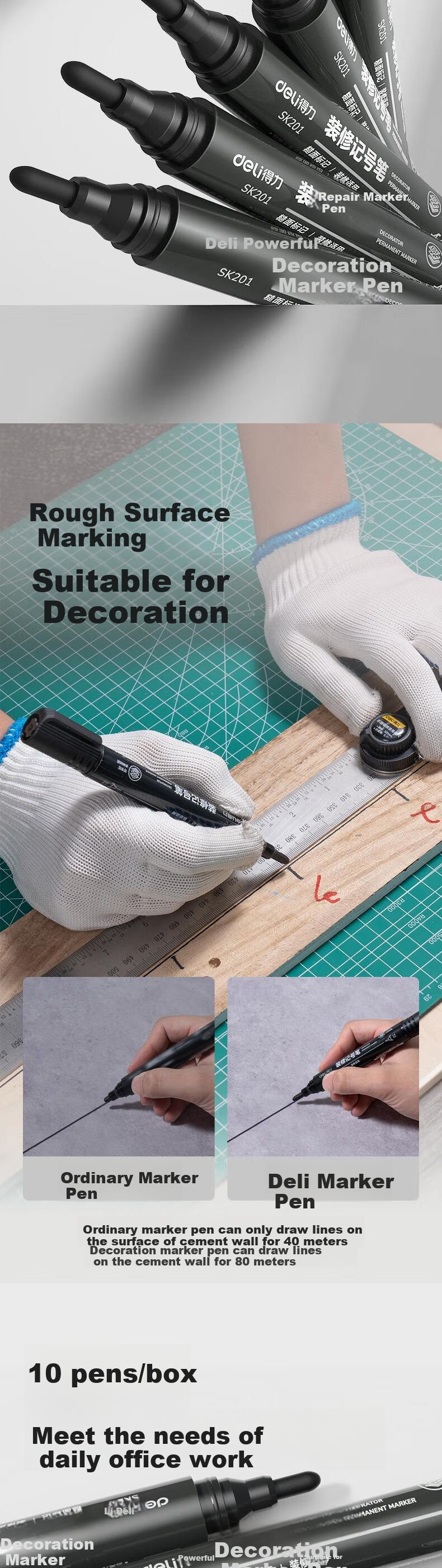 Deli Black Marker Pen for Renovation And Home Decoration Marking, Coarse Surface Marking, Durable And Wear-Resistant Office Supplies, Logistics And Industrial Use, Black, 10 Pcs/box, SK201 2
