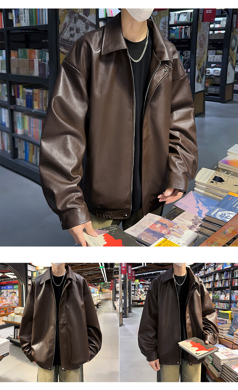 SWAMP AREA Men's Solid Color Leather Jacket, Spring And Autumn Hip-Hop Style Outerwear, American Retro Motorcycle-Inspired Coat, SWC99 Coffee Color, Size L 8