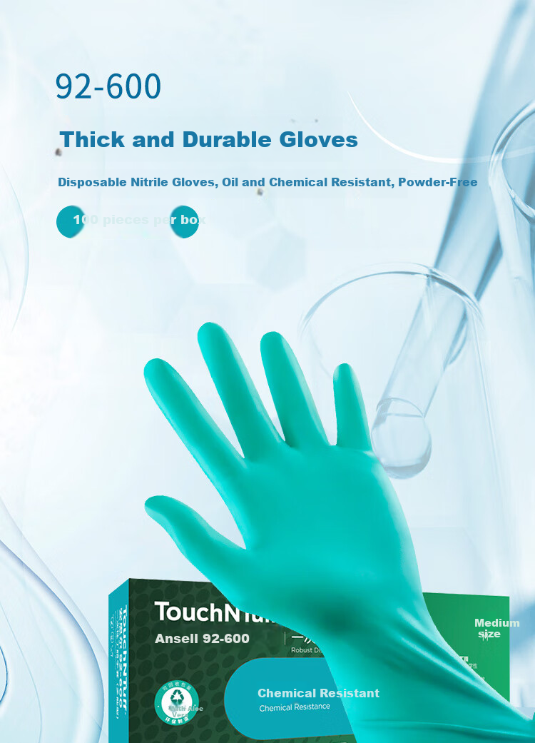 Ansell 92-600 Disposable Nitrile Gloves, Thickened Acid And Alkali Resistant Non-Slip Wear-Resistant Comfortable Powder-Free Industrial Food Laboratory Agricultural Protective Gloves, Size M, 100 Pieces/box 2