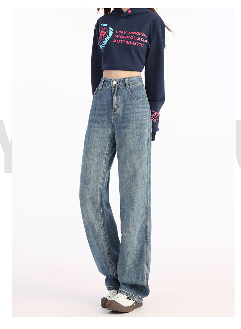 Pierre Cardin Women's Winter Denim Jeans Simple Soft Breathable Casual Slim Fit Straight Wide Leg Retro Blue M 27