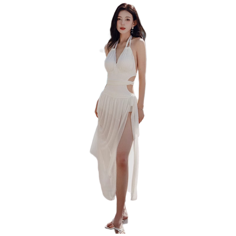 DK Women's Swimsuit, 2026 New Style, Sexy Halter Neck One-Piece Dress, Slimming Effect, Elegant Korean Hot Spring Swimwear, Size L