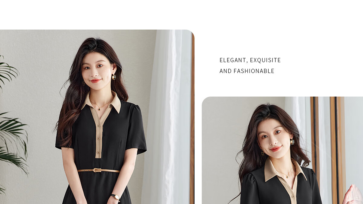 YUZHAOLIN Colorblock Short Sleeve Dress Women Waist Slim Elegant Fashion Lapel Little Black Dress (with Belt) Y52Q038 11