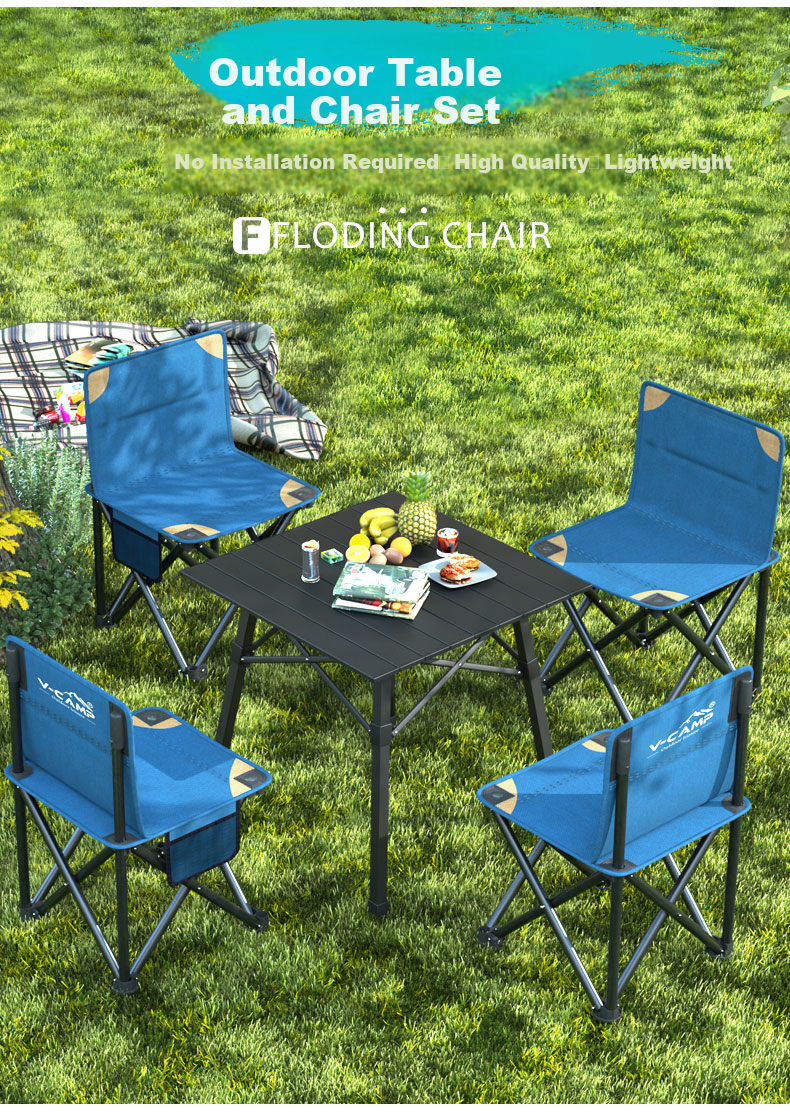 V-CAMP Outdoor Table And Chair Set, Foldable Aluminum Table for Barbecue, Picnic Table And Chairs, Balcony Stools, Portable Camping Table And Chairs, 4 Chairs 1 Table 2