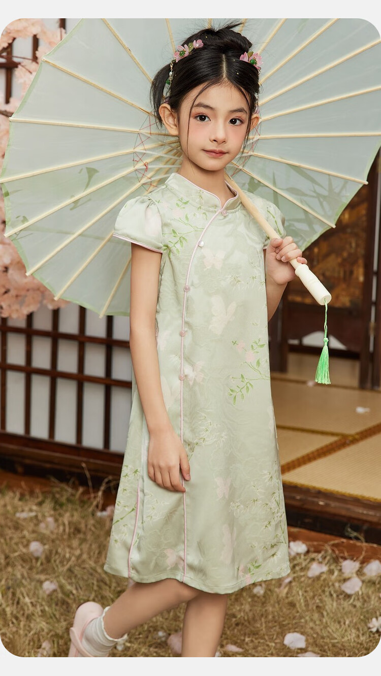 ASK JUNIOR Chinese Style New Mid-Autumn Girls Dress 2025 Summer Qipao Jacquard Princess Dress for Kids Bean Green 110 2