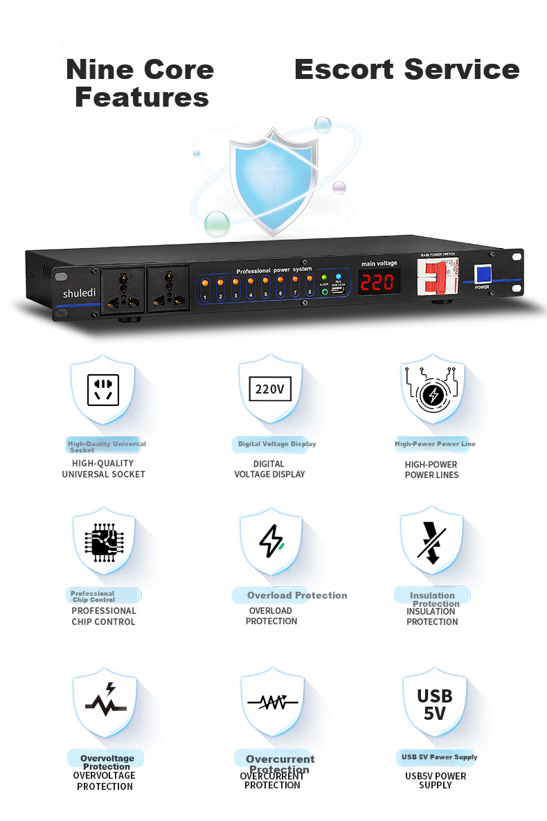 Shuledi D-20 Domestic Professional 8-Channel Power Sequencer with Filter, Independent Power Manager with Switch, Voltage Display, Stage Power Protector Controller for Meetings And KTV Audio Systems 3