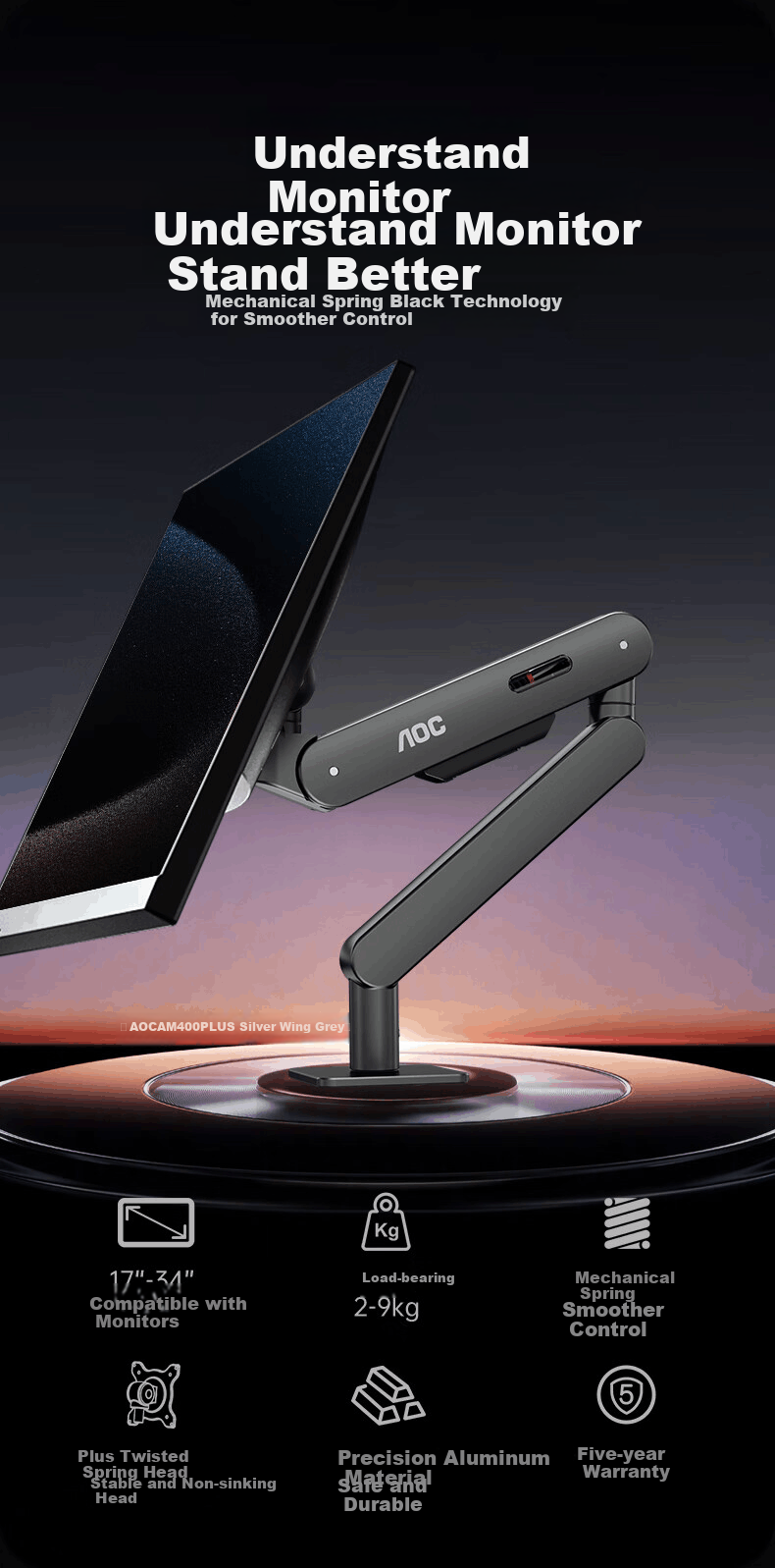AOC Monitor Stand Upgraded Version, Non-Sinking Head Desktop Adjustable Stand Arm Rotating Computer Stand Screen Support Home Office Computer Stand AM400PLUS (Gray) 1