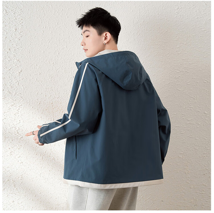 TonLion 2025 Spring Men's Jacket, Color Block Spliced Hooded Coat, Navy Blue, M 4