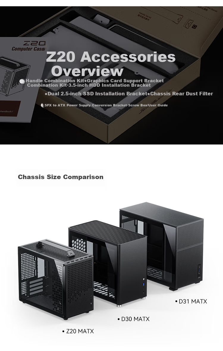 JONSBO Z20 Black MATX Case (Approximately 20L, Detachable Handle, 240mm Radiator Support, 163mm Air Cooling, ATX Power Supply, Long Graphics Card, Type-C) 9