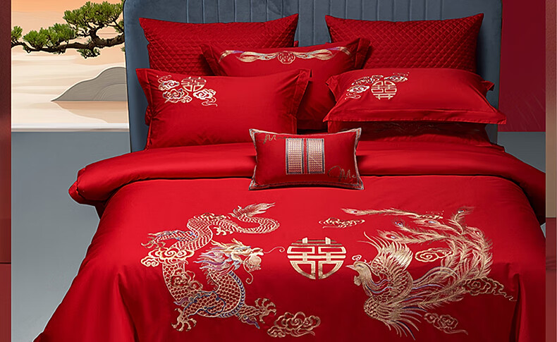 Bailisi Shuixing Jiafang Wedding Bedding Set, Four-Piece, Pure Cotton Embroidered Wedding Room Set, Bright Red Bed Sheet And Duvet Cover 3