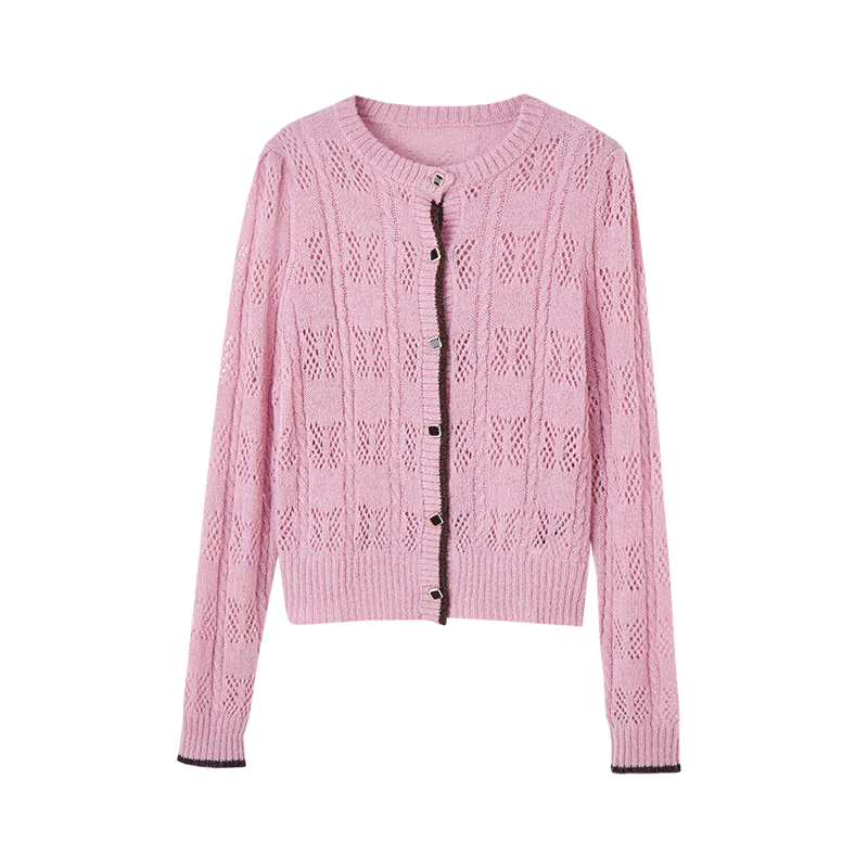 Mt [Contrasting Color Cardigan] Autumn Elegant Vintage Romantic Hollow-Out Contrasting Edge Knitted Cardigan, Pink, Size S