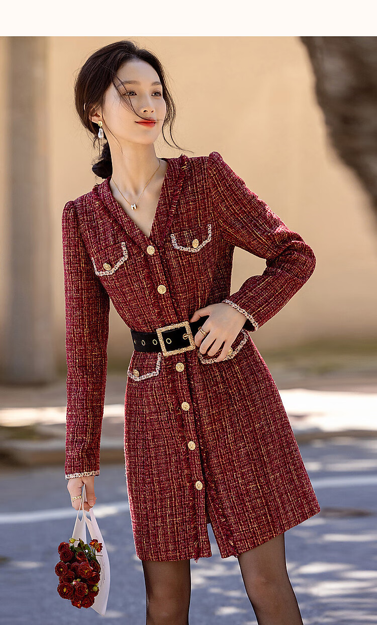 Dme [Qianjin Madeleine] Winter Socialite Little Chanel Style V-Neck Tassel Frayed Ribbon A-Line Mid-Length Dress for Women 11