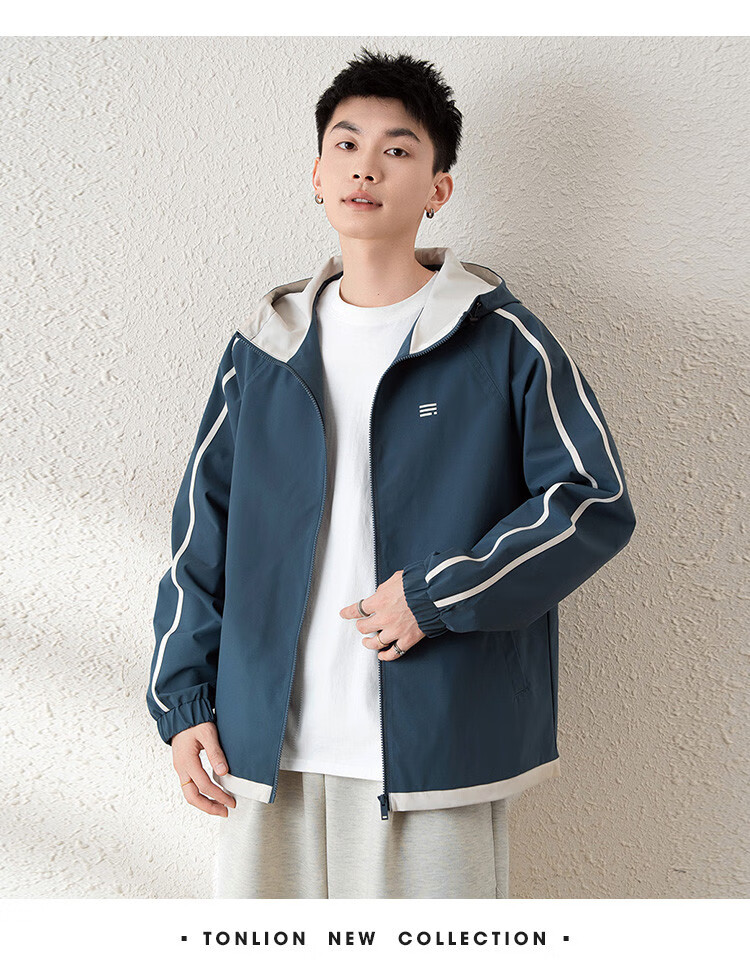 TonLion 2025 Spring Men's Jacket, Color Block Spliced Hooded Coat, Navy Blue, M 3