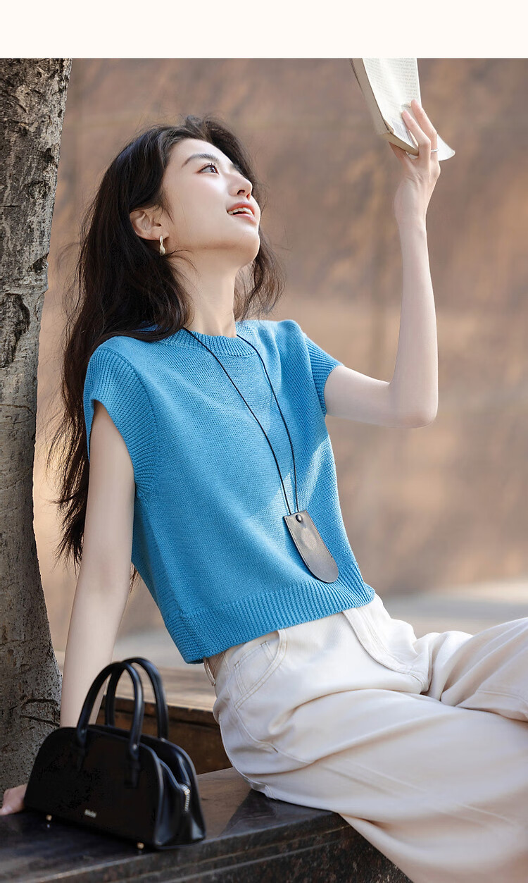 Dme [Selected Bamboo Fiber] Summer Elegant Round Neck Sleeveless Sweater, Short Elastic Slim-Fit Knitted Top for Wome 14