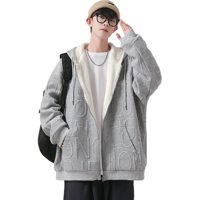 I'M DAVID Men's Autumn And Winter Jacket, Korean Style, Fleece-Lined, Thickened, Cold-Resistant, Warm, Loose-Fitting, Hooded Sports Jacket for Men, Gray, Size L