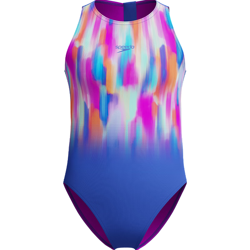 Speedo Children's Swimsuit, Swim Dare Series, Colorful Print, Youth Sun Protection One-Piece Swimsuit for Girls, Blue/pink, Size 15-16