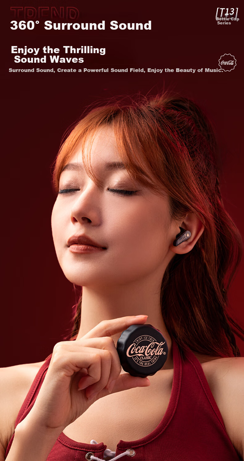 Coca-Cola T13 Bottle Cap Bluetooth Earphones, Semi-In True Wireless Headphones, Gaming E-Sports Music Sports Earphones, ENC Calling Noise Reduction Long Battery Life, 2026 New Model, Gift for Men And Women Students 5
