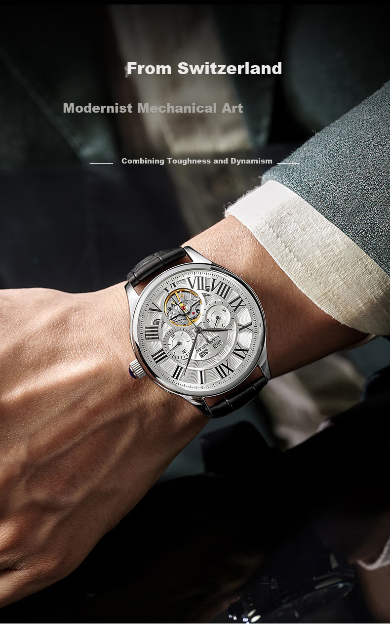 LOUIE JUELEN Men's Mechanical Watch, Student Fully Automatic Genuine Product, Skeleton Tourbillon, Business Style, Silver Case with White Dial And Steel Strap 4