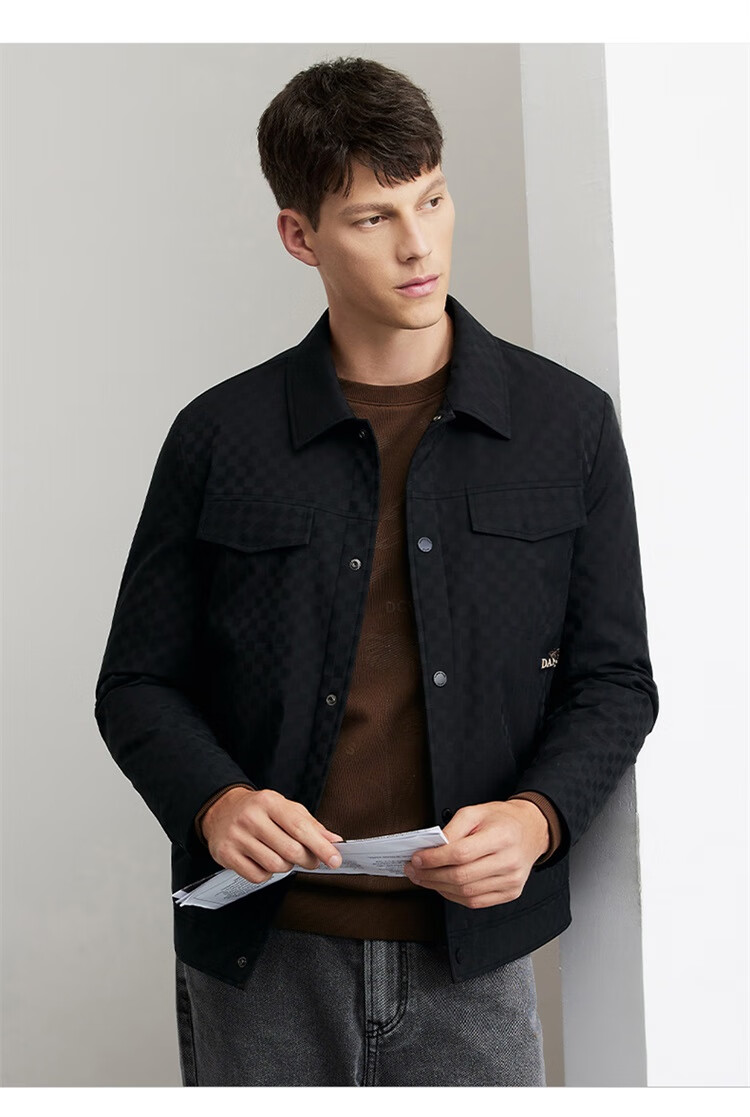 DANCING WOLVES [Trendy Checkered] Lapel Workwear Style Jacket, Easy-Care Men's Coat, 001 Black, S(165) 8
