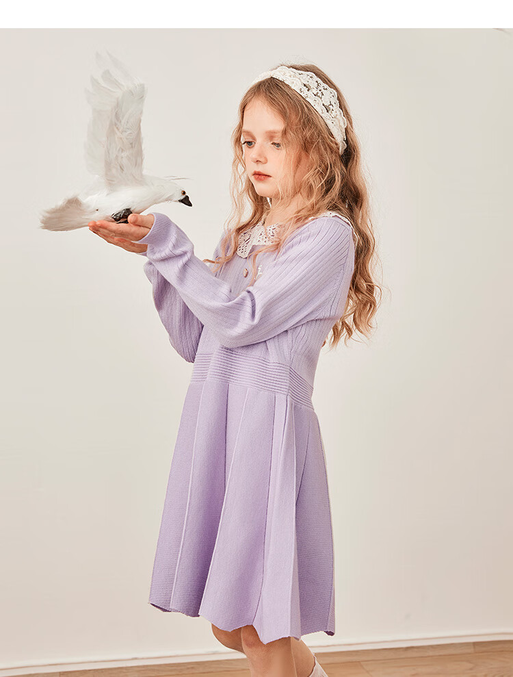 HAZZYS Brand Girls' Dress, Winter New Style, New Year Red Elastic Long-Sleeve Dress, Monet Purple, Size 105 6
