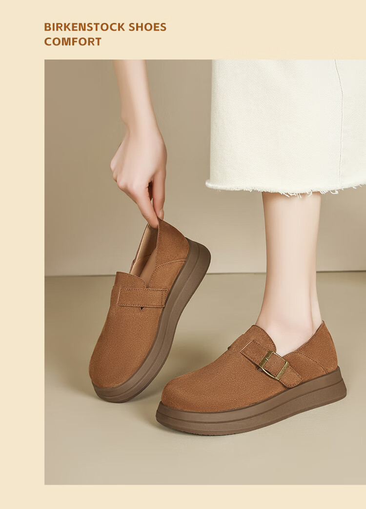 ZHR Thick-Soled Birkenstock-Style Shoes for Women, Retro Full-Coverage Round Toe Casual Women's Shoes, Lightweight Slip-On Flats JF202 Khaki 37 14