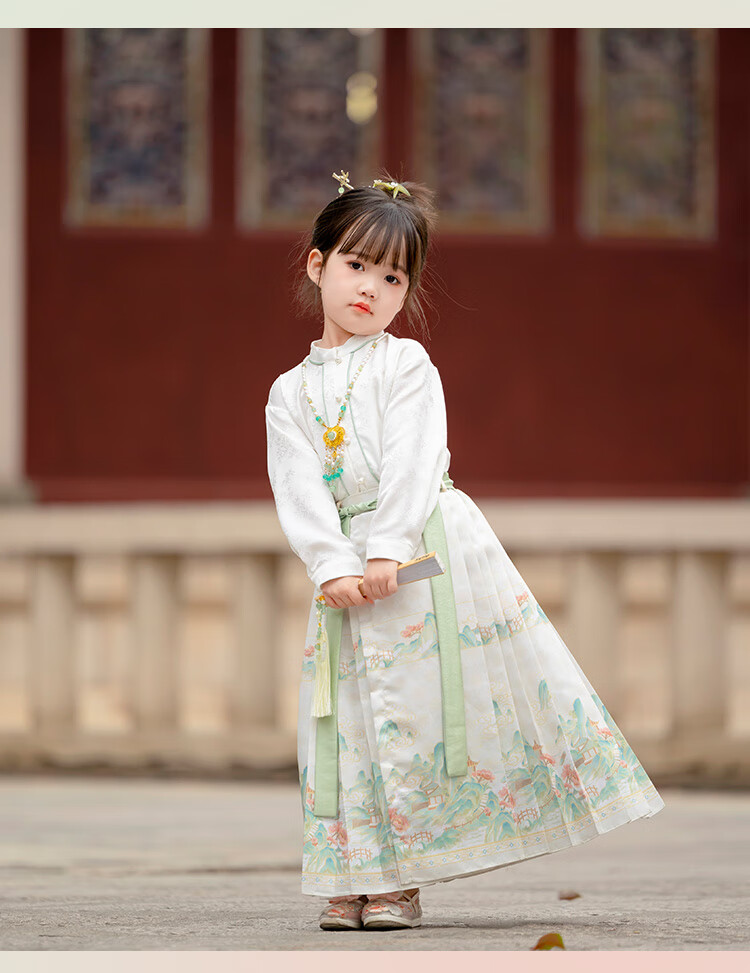 Menghu Yueqing Mountain Hanfu Girls' Spring New Style Children's Chinese-Style Ancient Costume Ming Dynasty Horse-Face Skirt Set, Pink Horse-Face Skirt, Size 100 14