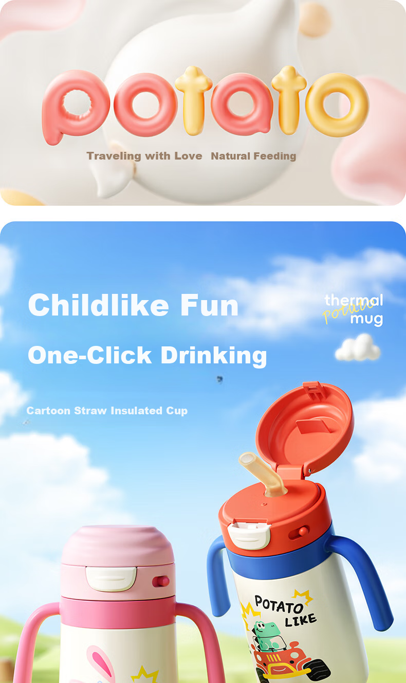 Potato Children's Insulated Cup with Straw, Baby Water Bottle, Portable Stainless Steel Cup for School, 300ml Pink 1