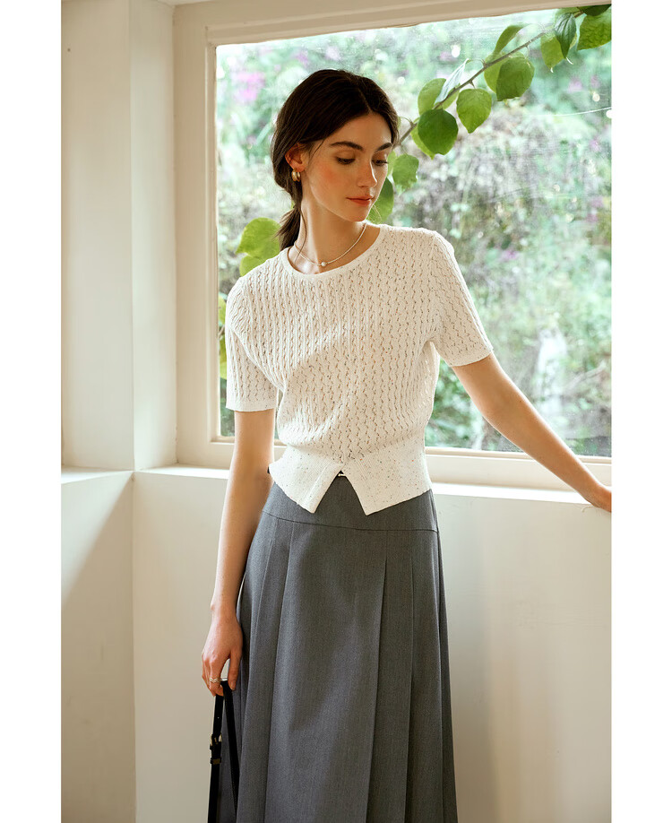 Olrain Eurielle French Style Short Sleeve Knit Top Summer Women's Colorful Split Round Neck Pullover White L 13