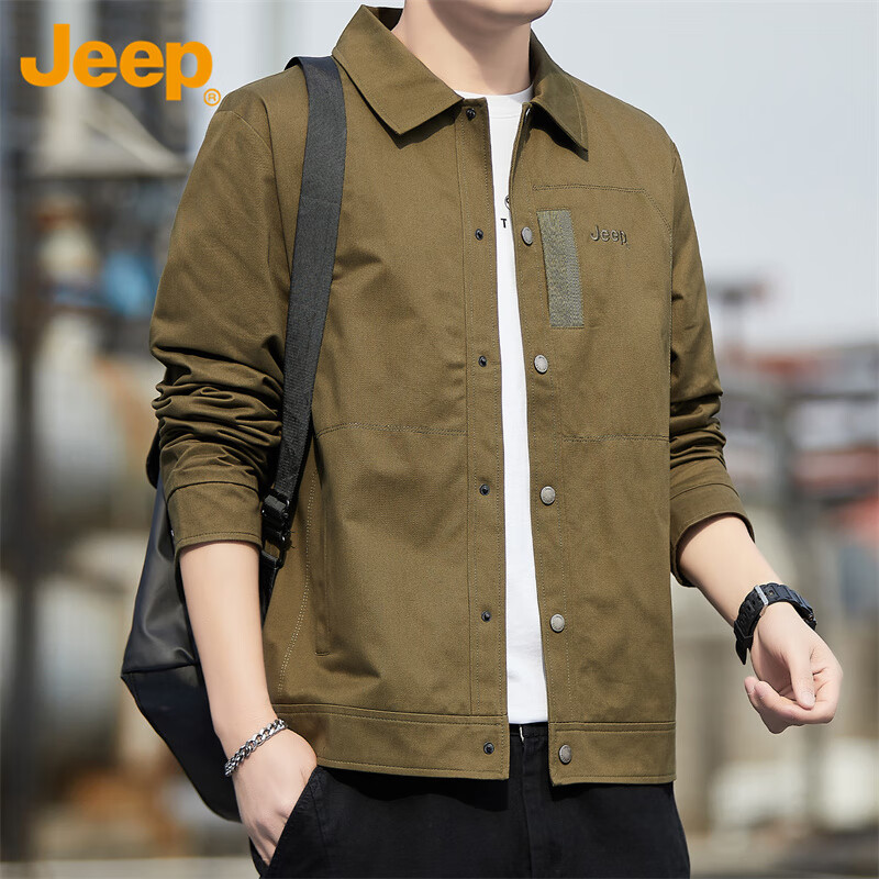 JEEP Men's Jacket, Spring And Autumn Casual Workwear Embroidered Loose Outerwear, Trendy Menswear, Army Green, XL