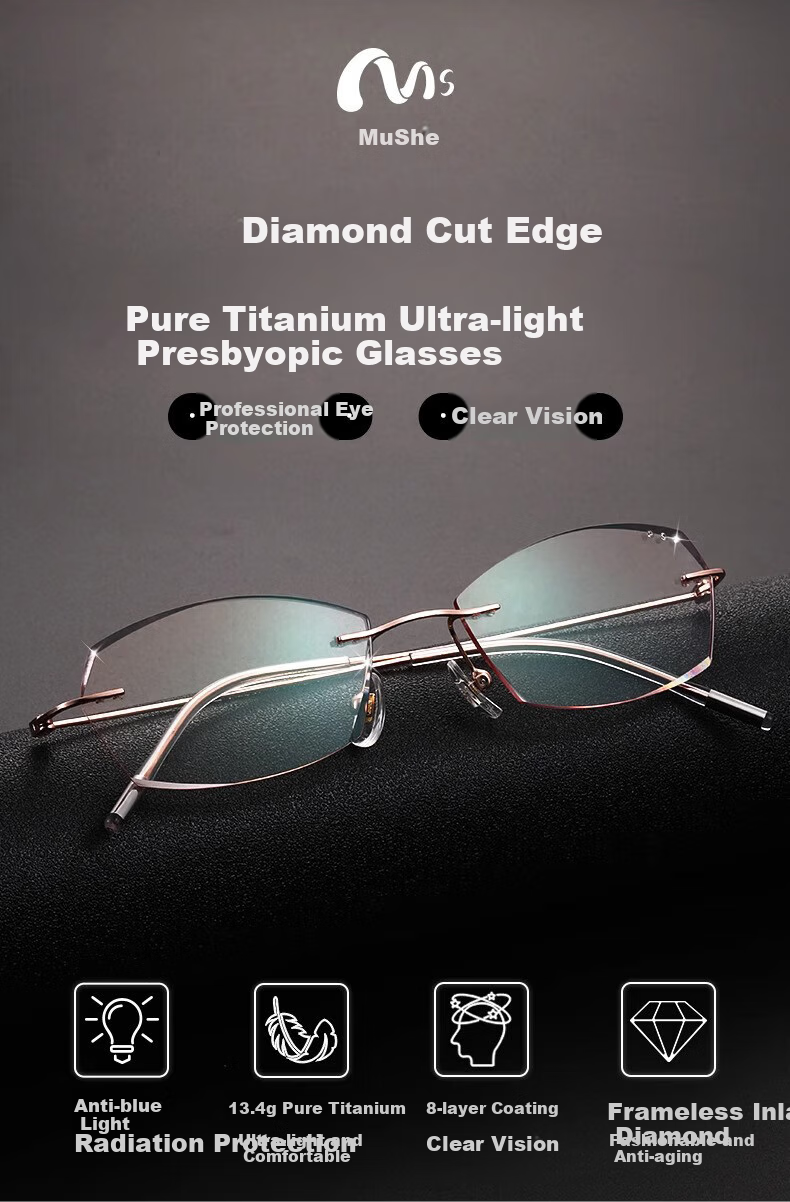 Mushe Pure Titanium Ultra-Light Women's Anti-Blue Light Reading Glasses, Frameless High-Definition Japanese Imported Presbyopic Glasses, Fashionable And Youthful Appearance 1