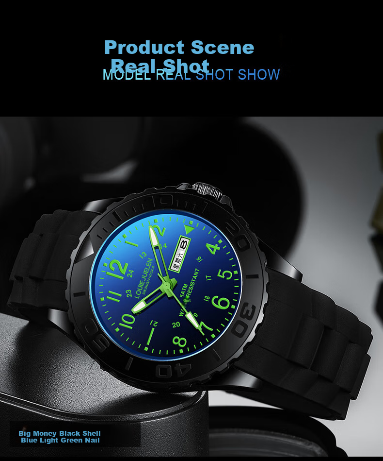LOUIE JUELEN Youth Watch Exam-Specific for Middle And High School Students, Boys And Girls, Silent Back-To Large Model - Dual Calendar Green Dial 8