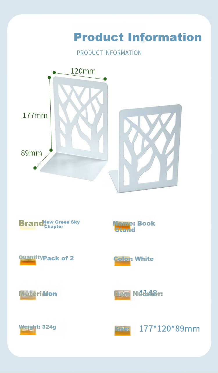 TANGO (17cm) L-Shaped Creative Hollow Tree Shadow Metal Bookend, Simple Desktop Storage Rack, Book Stopper 2 Pieces, Office Study Supplies Back-To Essential, White 2