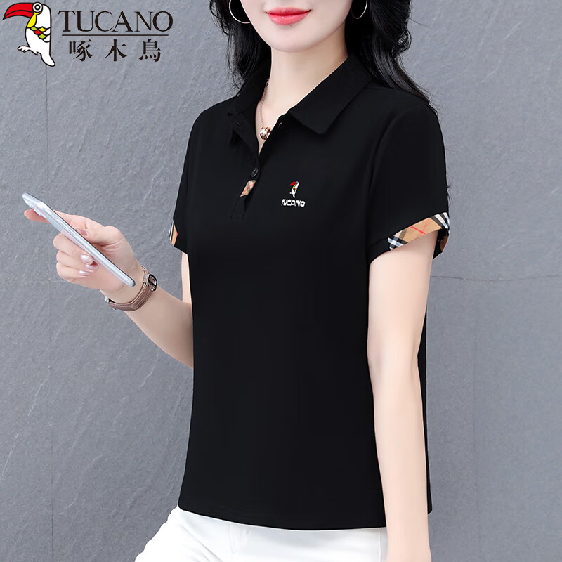 Woodpecker Women's Summer New Polo Shirt Short Sleeve Turn-down Collar T-shirt Pure Cotton Slim Fit Sports Casual Top Black XL