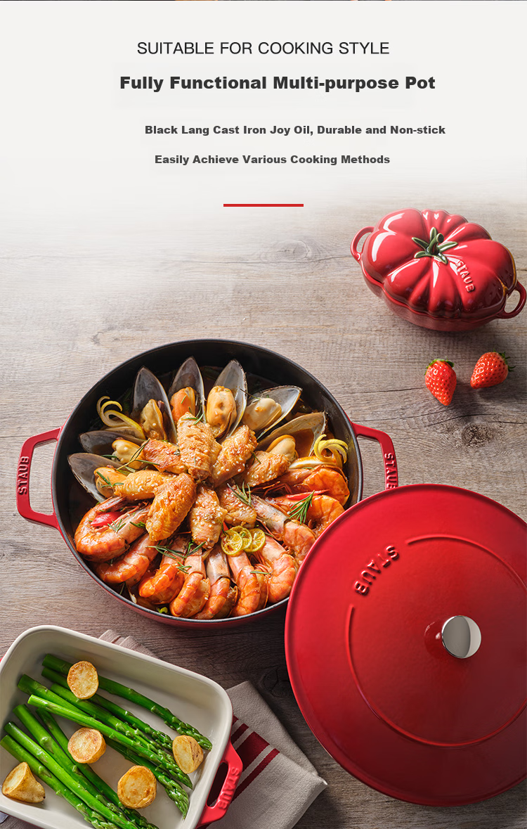 Staub French Imported Whirlwind Nail Pot, Double-Ear Soup Cooking Pot, Seafood Pot, Cherry Red, 28cm, 40511-474 5