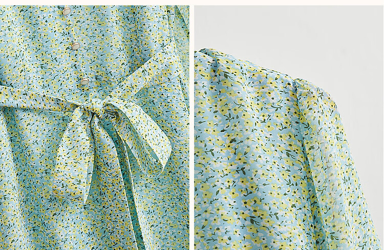Dme [Sweet Floral Chiffon Umbrella Dress], Spring And Autumn V-Neck Waist-Cinching Long-Sleeve Dress, Mid-Length Women's Dress 11