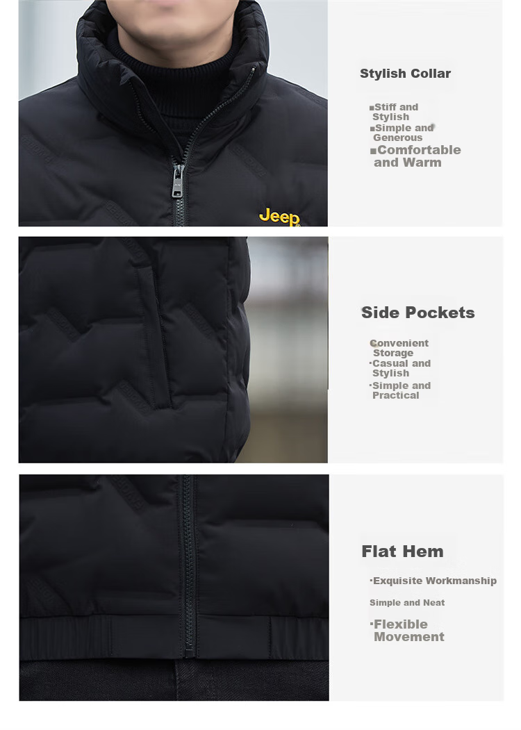 JEEP Men's down Jacket, Winter Short Casual Stand-Collar Coat, Trendy Warm Clothing for Men, Black, XL 3
